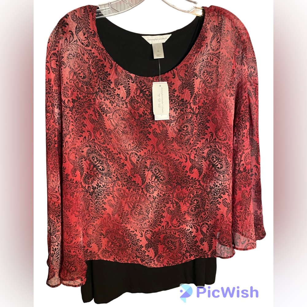 NWT Christopher & Banks Black Tank with sheer Paisley print, chiffon overlay XL